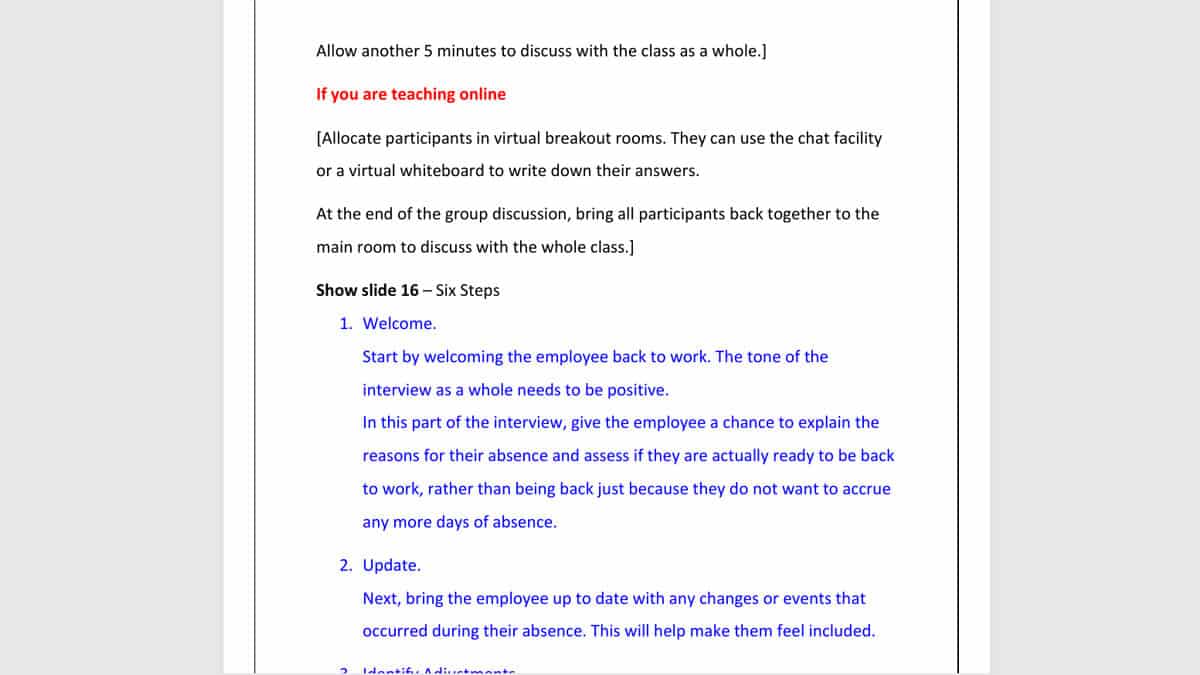 Trainer notes excerpt showing six-step return-to-work interview guide for supporting employees after absence