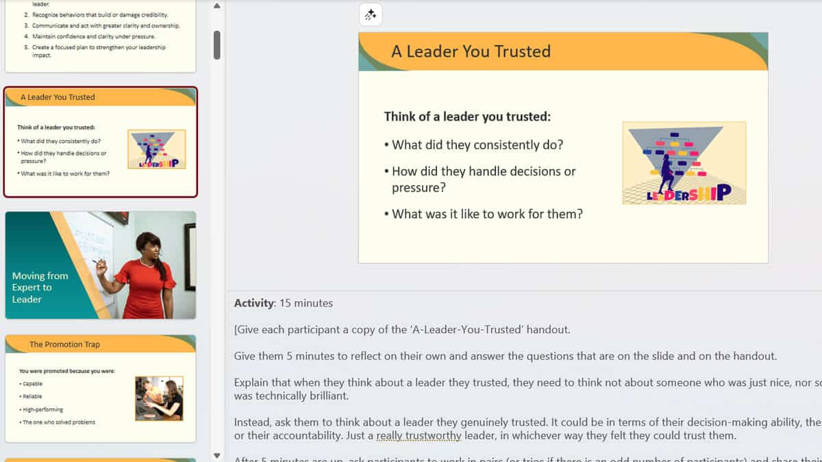 Example of leadership foundations training materials with slide and trainer notes for training new managers