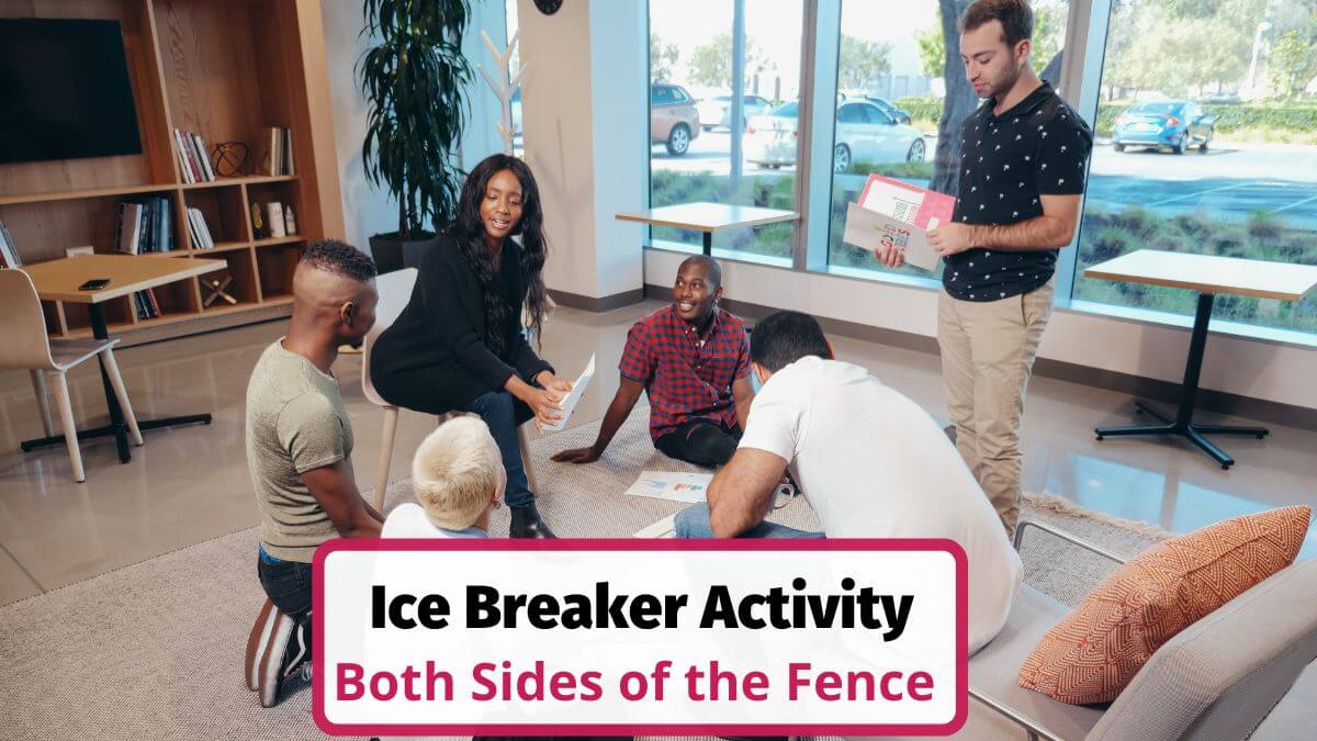 Trainer facilitating the Both Sides of the Fence icebreaker activity in a workplace training session