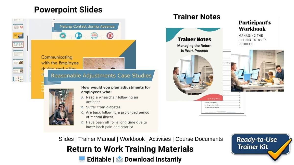 Preview of return to work training materials kit including PowerPoint slides, trainer notes, participant workbook, and case study activities for managers