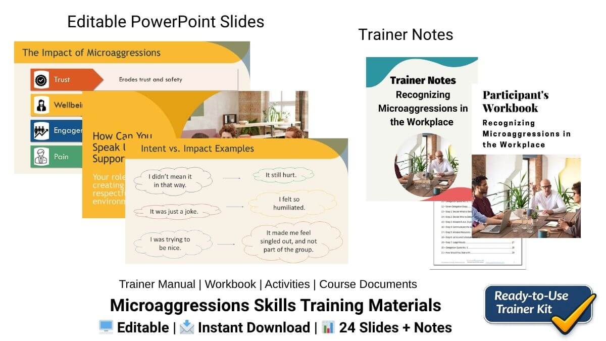 Microaggressions skills training materials showing editable PowerPoint slides, trainer notes, participant workbook, activities, and course documents for workplace training.