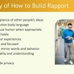 Summary of how to build rapport showing steps like positive body language, empathy, and active listening in workplace mentoring