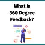 Illustration of a person reviewing feedback on a tablet, surrounded by icons like stars, thumbs up, chat bubbles, and text boxes, with the heading 'What is 360 Degree Feedback?