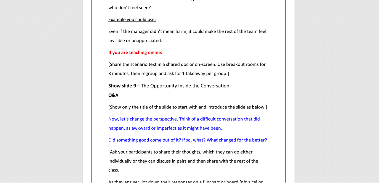 Facilitator guide showing The Opportunity Inside the Conversation training slide instructions