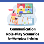 Illustration of workplace communication role-play scenarios for training, showing a virtual team meeting