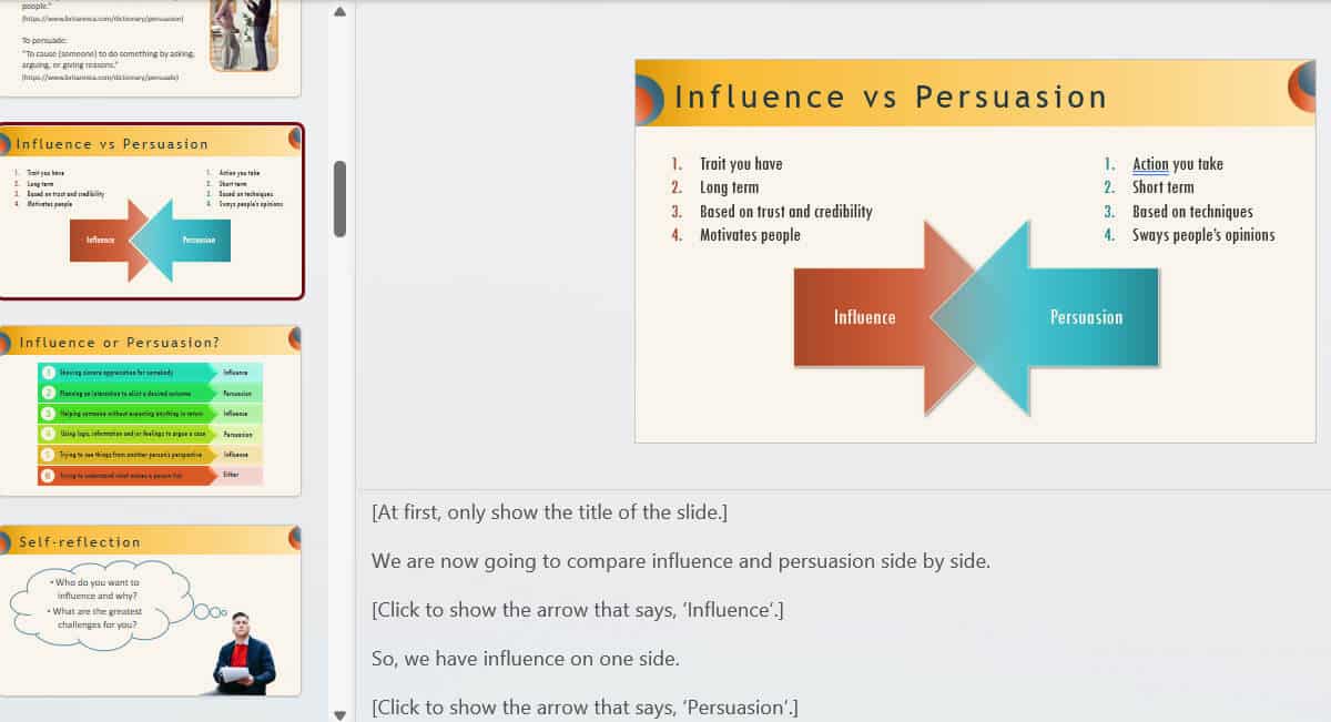 Influence vs persuasion slide from influencing skills training materials showing differences between long-term influence and short-term persuasion